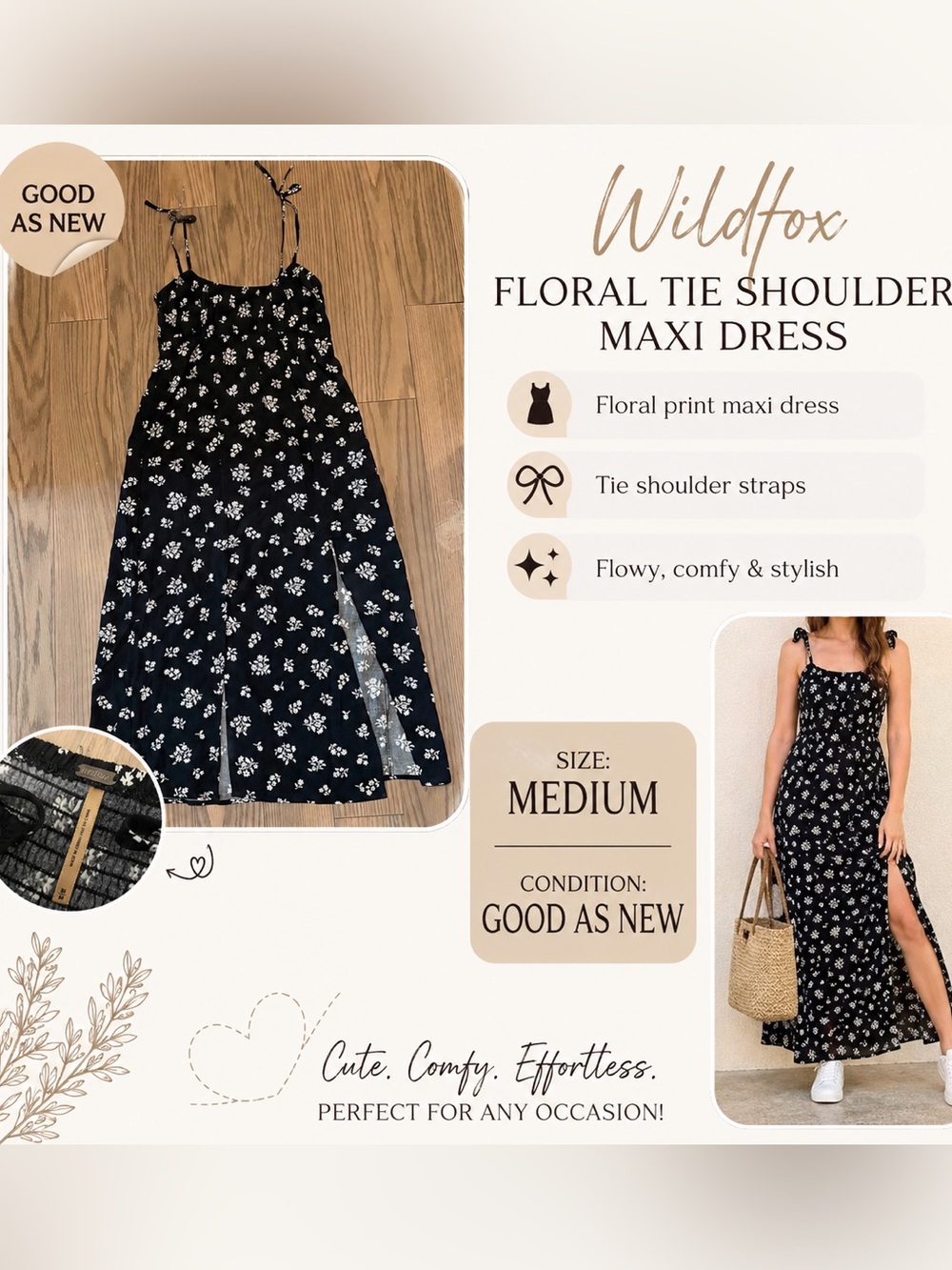Wildfox Black Floral Tie-Shoulder Maxi Jumpsuit